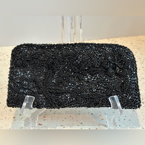 VTG Hand Beaded Hong Kong Black Bead &‎ Sequin Folding Carry Clutch Evening Bag - Picture 5 of 10